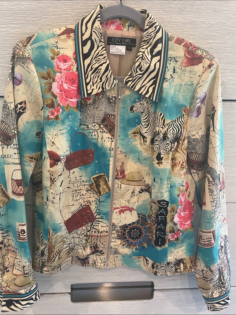 Nancy Bolen City Girl Zebra Trim Safari Print Zip Jacket